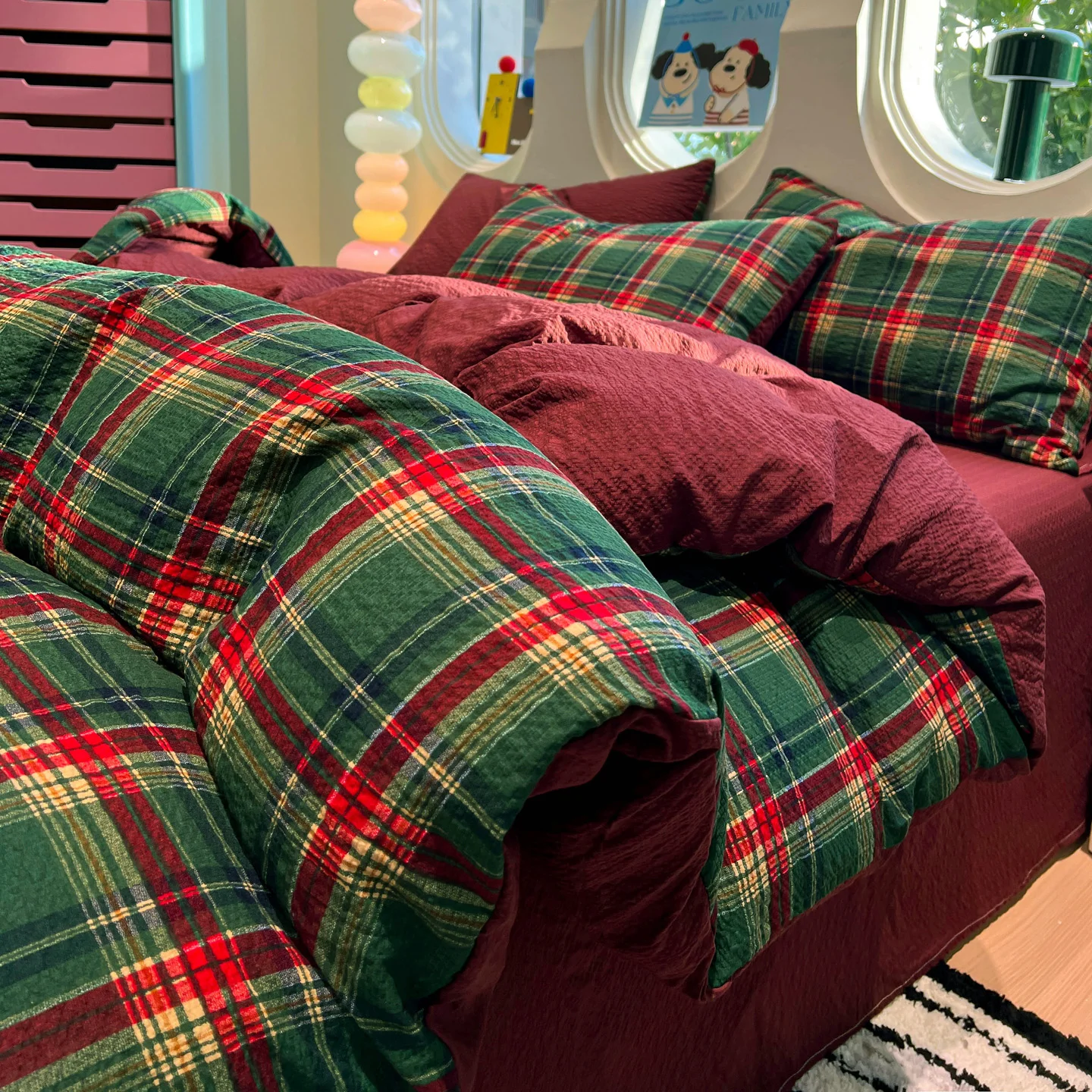3/4PCS Green Red Grid Bedding Set Christmas Duvet Cover Set Sheet Set Comfortable for Home Bedroom Decor New Year Christmas Gift