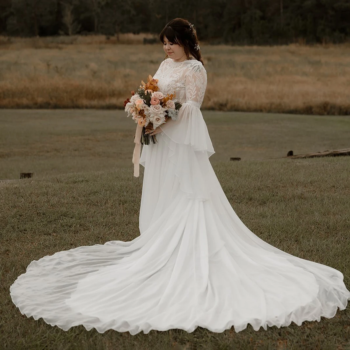 Long Fit And Flare Batwing Sleeves Leaf Lace Boho Wedding Dress Beach Customized Chiffon Plus Size Backless Lace Up Bridal Gowns
