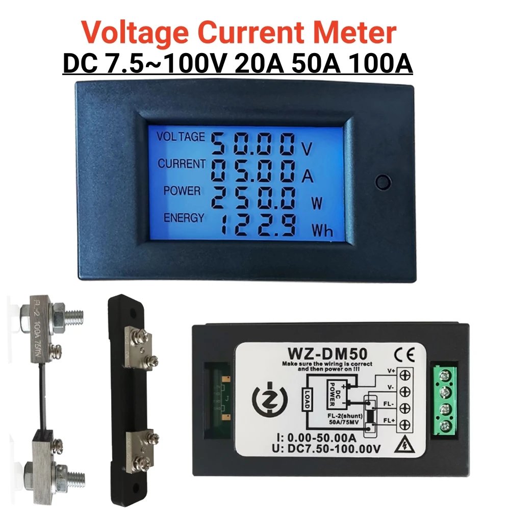 DC 7.5 -100V 20A 50A 100A LCD Digital Display Multimeter Voltage Current Power Energy Monitor Tester Voltmeter Ammeter Wattmeter