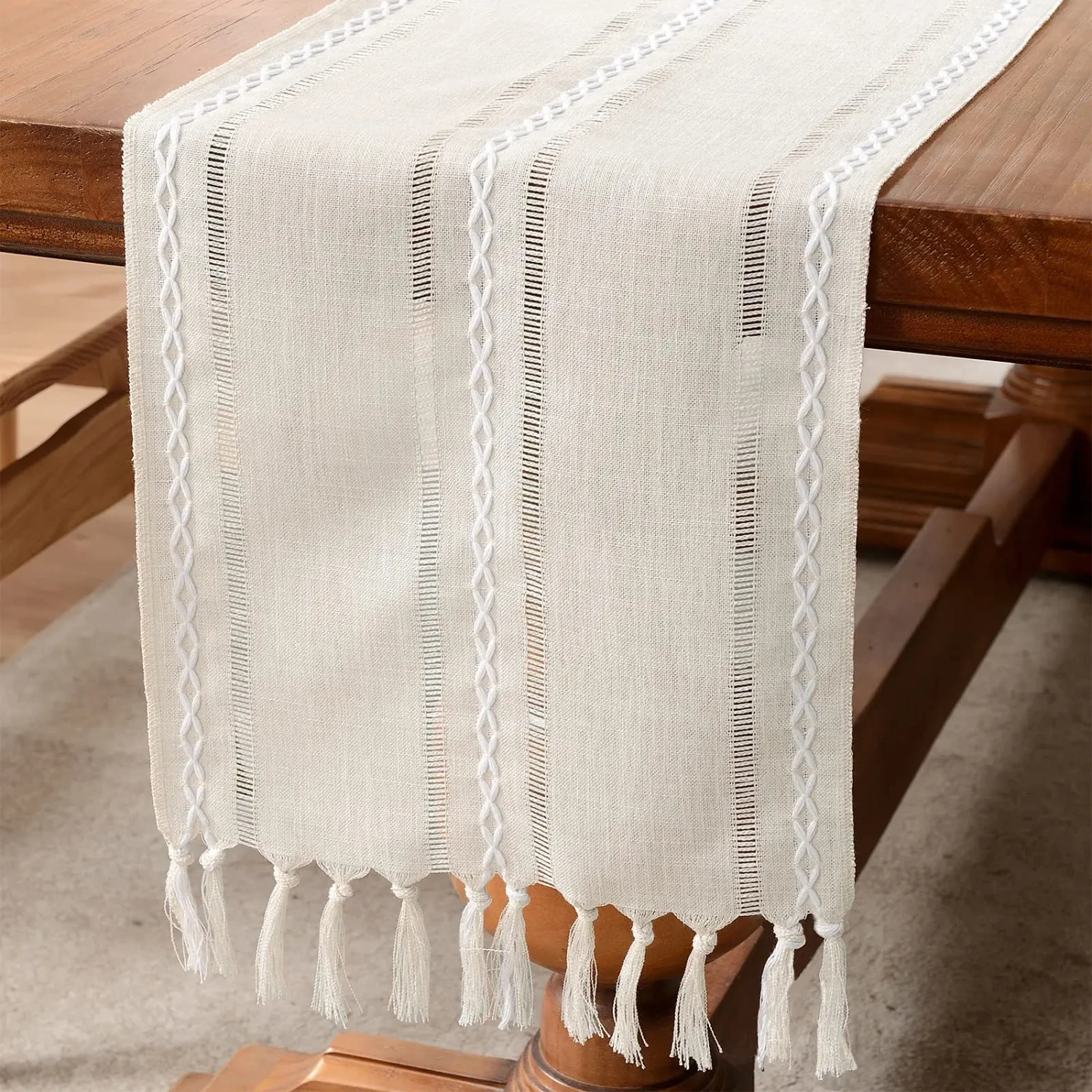 Rustic Linen Farmhouse Table Runner with Stylish Tassels for Dining Kitchen Coffee Party Dresser Decoration in Lvory Green Color