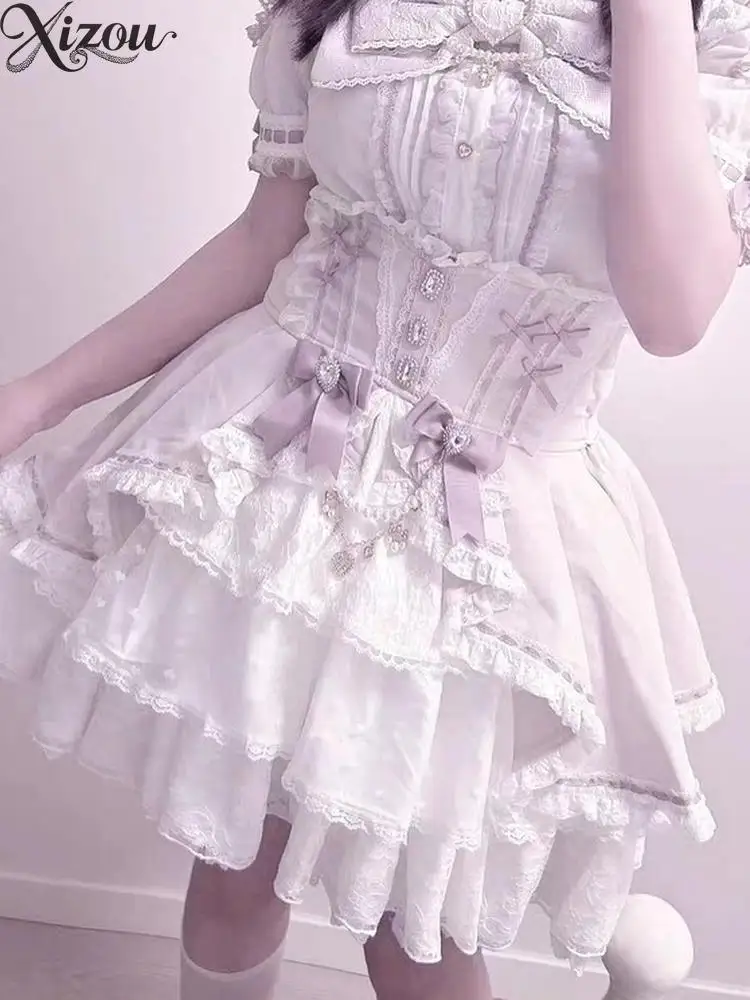 Women Pink White Multi Tier Tulle Ruffle Mini Skirt High Waist Rhinestone Bow Pearl Chain Decor Slim Fluffy Lolita Skirts Summer