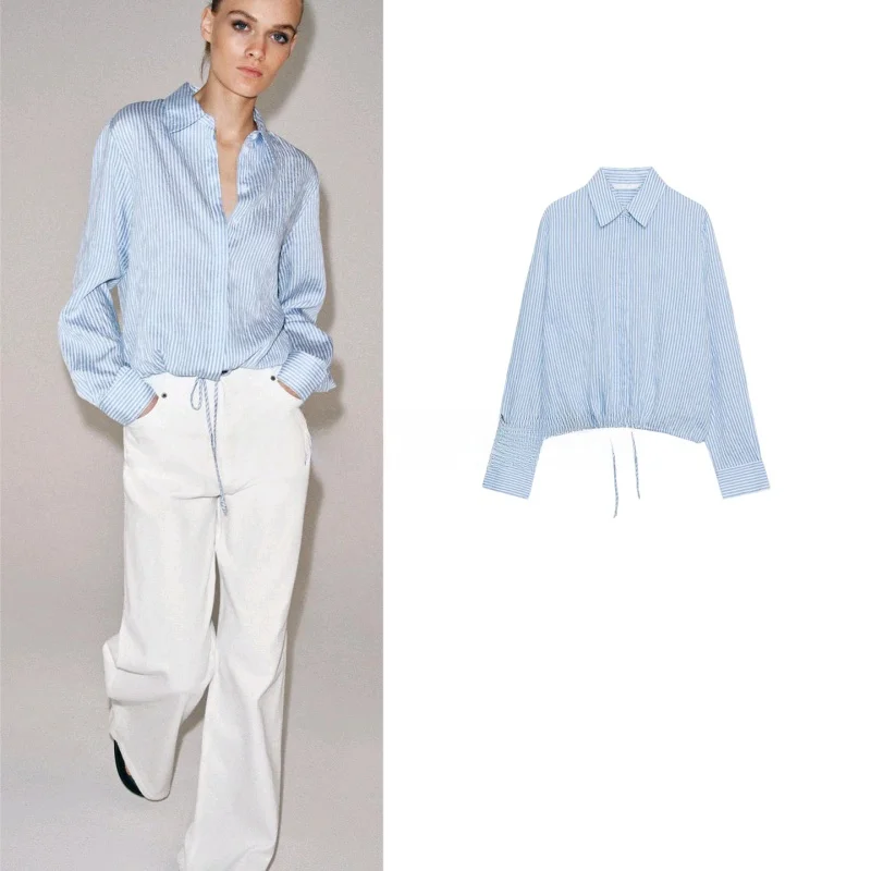 

Spring 2026 New Women's Minimalist Style Shirt with Knot Multiple Buttons Long Sleeve Plaid Polyester Fiber Blouse