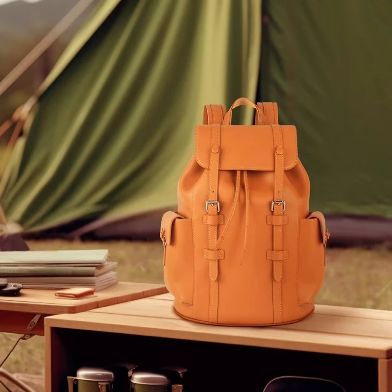 Large capacity microfiber leather custom backpack with pull rope retro glossy waterproof and anti-theft function