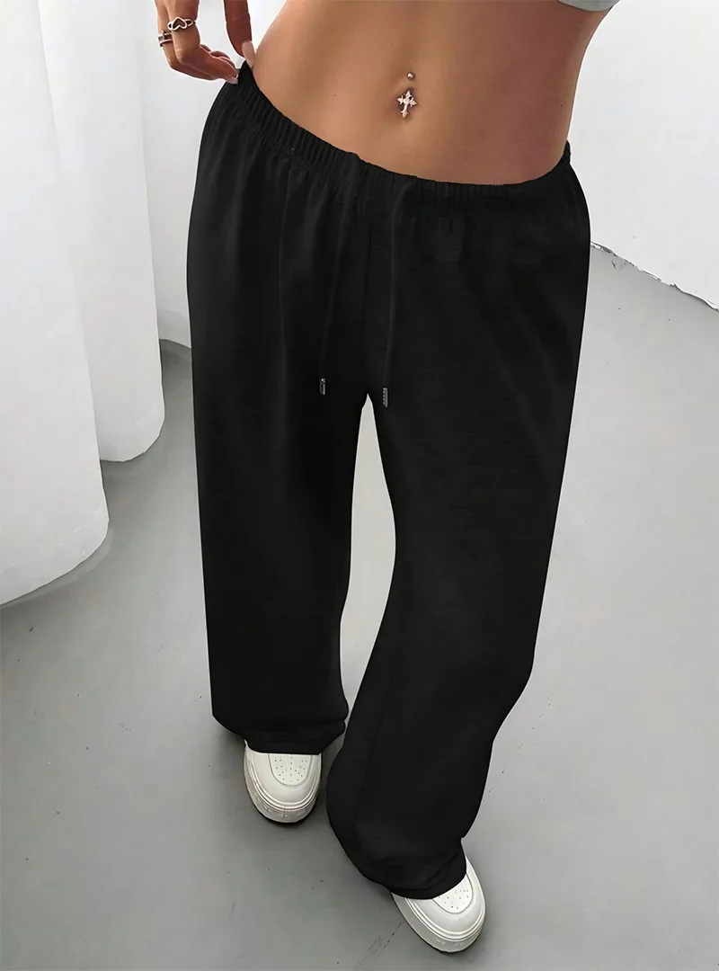 Elastic Drawstring Waist Wide Leg Sweatpants Low Rise Loose Full Length Soft Casual Straight Lounge Trousers