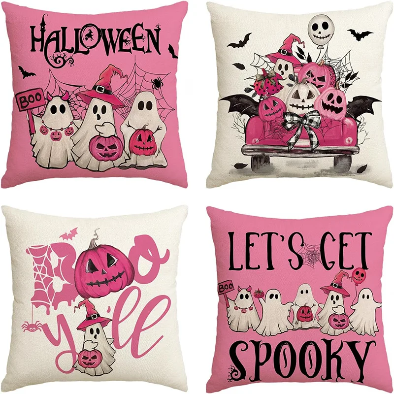 

4-Pack Cushion Covers Pink Halloween Print Sofa Pillow Cases Modern Home Decor Luxury Living Room Soft Festival Pillow Covers