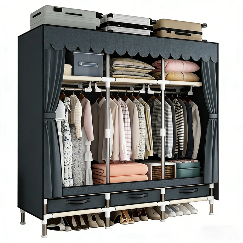 

ArluKin Metal frame wardrobe with dust cover storage rack foldable organizing furniture with drawer for your living room