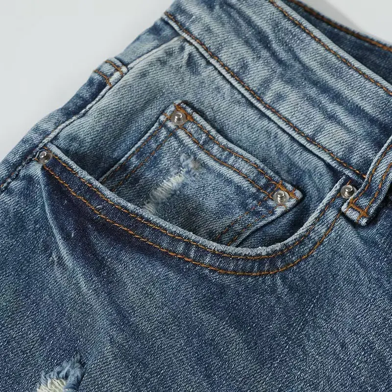 Y2K مصمم أزياء شارع العليا تمتد سليم صالح الرجعية غسلها الجينز الأزرق مع بقع حمراء السراويل العلامة التجارية الهيب هوب