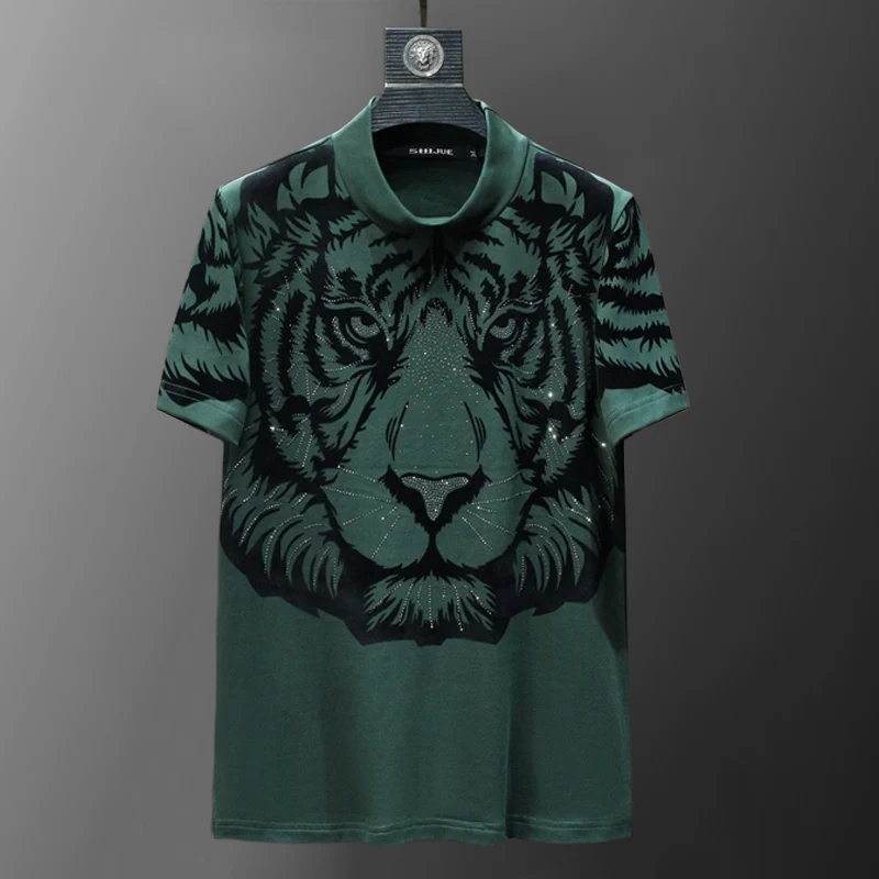 High Quality Men Short Sleeve Breathable T-shirt Tiger Pattern Hot Drill Round Neck Plus Fleece Thick Men Contrast Color T-shirt