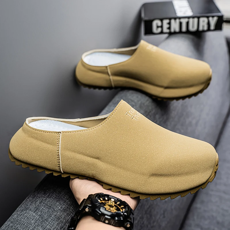 Corduroy Male Slides Closed Toe Loafers Slipper Half Shoes For Men Mules Slip On Flats Backless Sandals Semi-Drag Casual Shoes