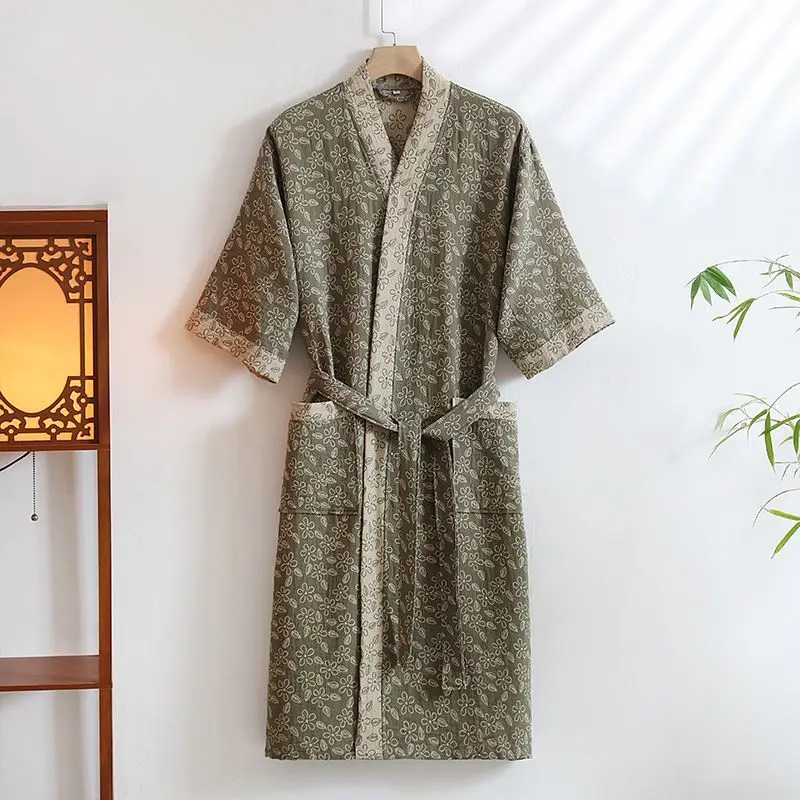 Unisex Cotton Kimono Bathrobe, Olive Green Floral Print, Short Sleeve, Waist Belt, Pockets, Soft Lightweight Sleepwear For Home