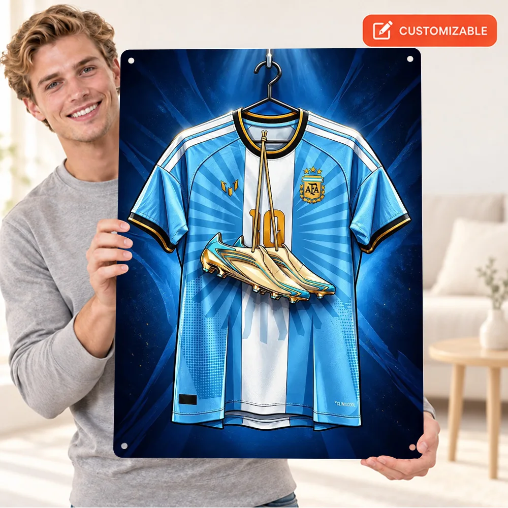 Lionel Messi Argentina Jersey And Cleats Football Printed Poster Personalized Metal Sign Digital Drawing Wall Art For Game Room