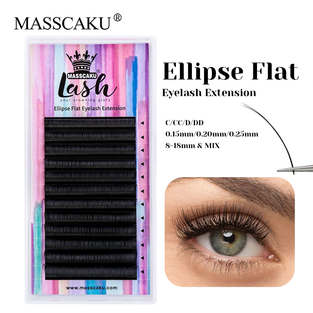 MASSCAKU 8-18mm and Mix Length Wispy Multi-texture Ellipse Flat Eyelashes Matte Black Handmade Double Tips Eyelash Easy to Grip