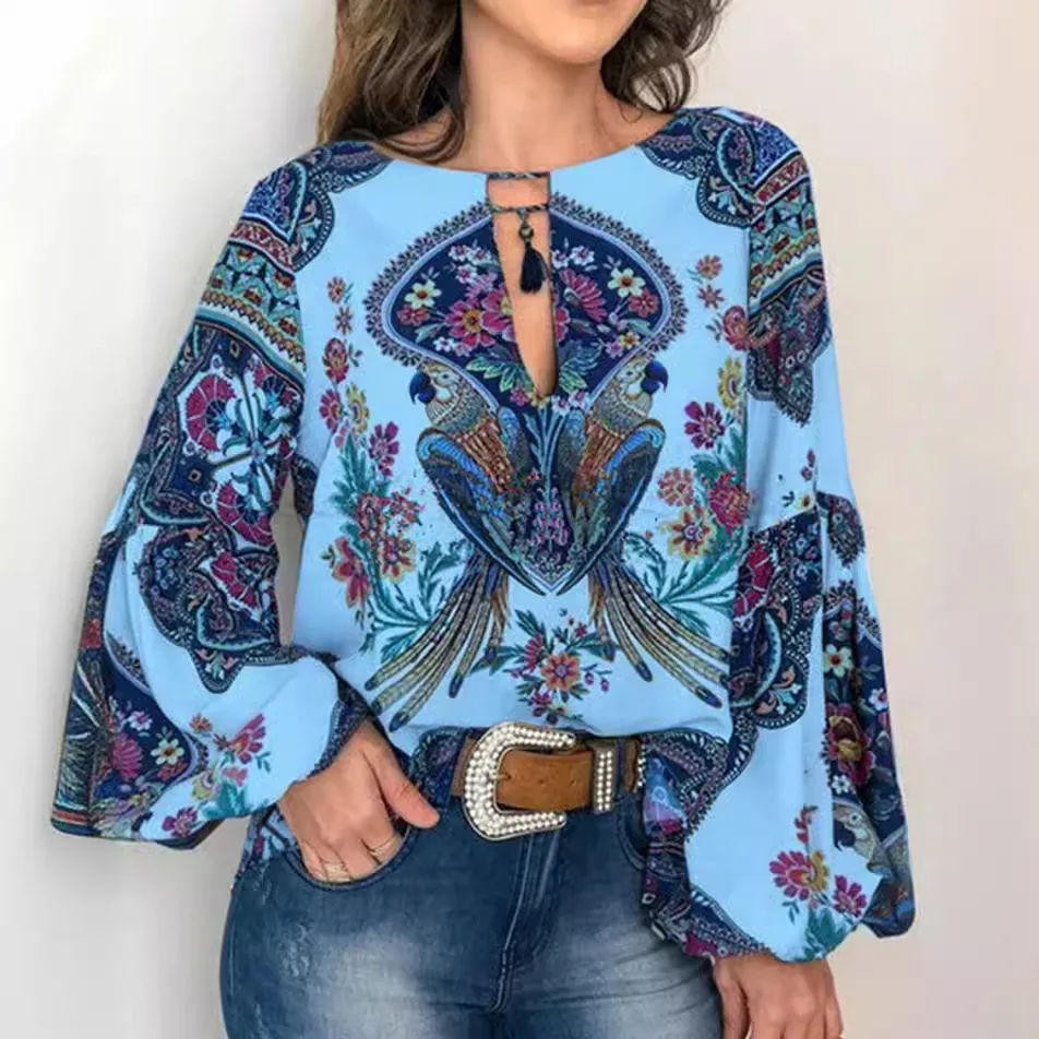 2025 Spring and Summer New Women's Personalized Women's Clothing Digital Printed Round Neck Lantern Sleeve Shirt