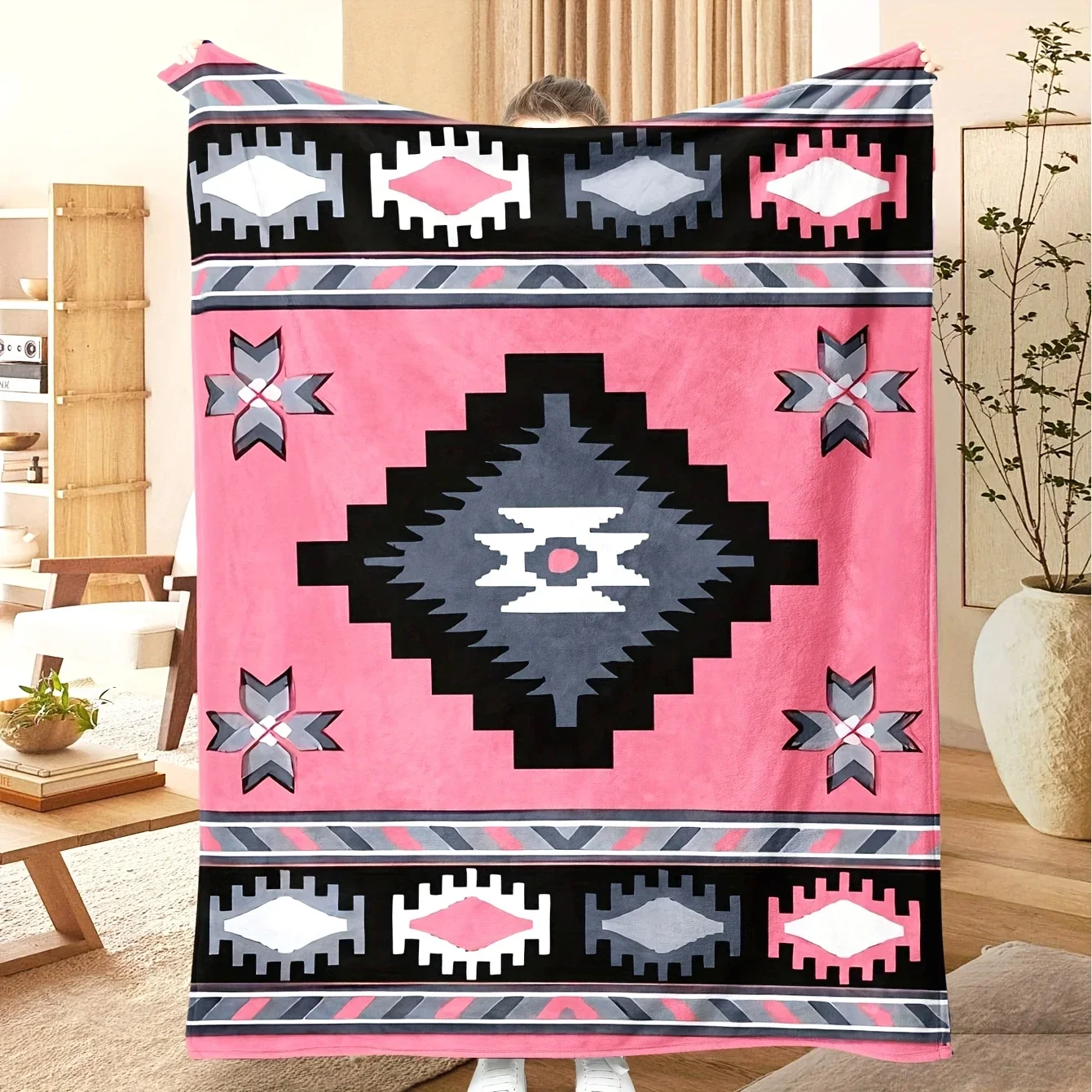 Soft Pink Flannel Throw Blanket with Contemporary Aztec Pattern  Perfect for Gifts  Cozy Winter Nights