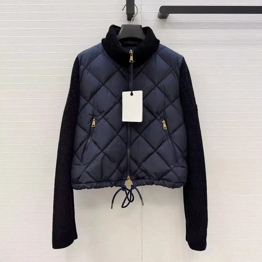 2026 New Winter Preppy Style White Duck Down Jacket Women Stand Collar Knitted Long Sleeve Patchwork Argyle Pattern Short Coat