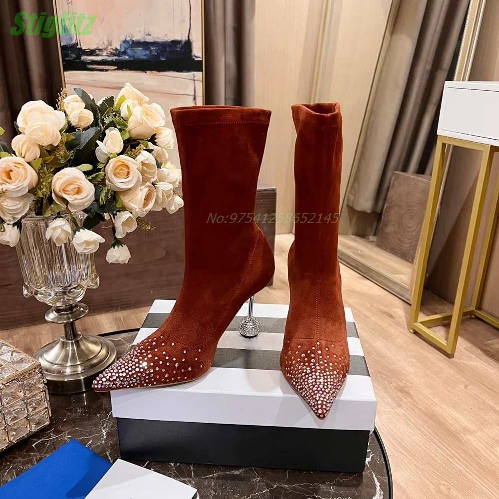 Rhinestone Stretch Boots Spcial Heel Pointed Toe 2024 Women Designer Shoes Winter Mid-Calf Luxury Elegant Party Daily Shoes New