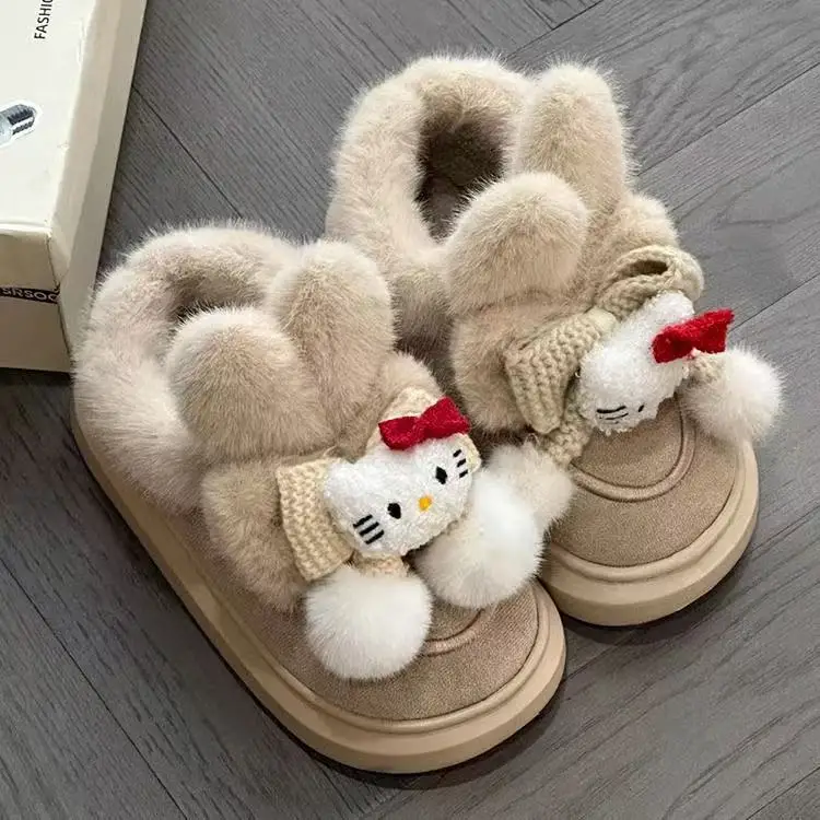 

Прямая доставка, новинка 2025, осень-зима, hello kitty, реальные фотографии, парусиновая обувь для девочек, студенческие спортивные женские теплые зимние ботинки с начесом