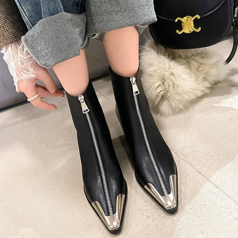 NEW Autumn Women Boots Split Leather Shoes for Women Pointed Toe Chunky Heel Shoes Zipper Ankle Boots Metal Buckle Modern Boots