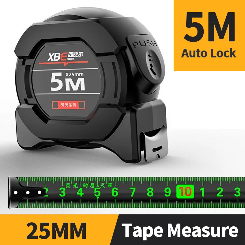 Self locking Steel TapeHigh precision Thickened measure black Fluorescent tape 5M Wear-resistant Fall resistant Measuring Tape