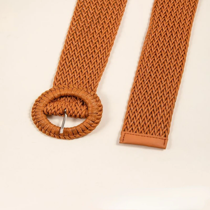 New Round Buckle Woven Waxed Rope Belt Vintage Simple Girls Paired Dress Jewelry Classic Pin Buckle Wide Belt for Women