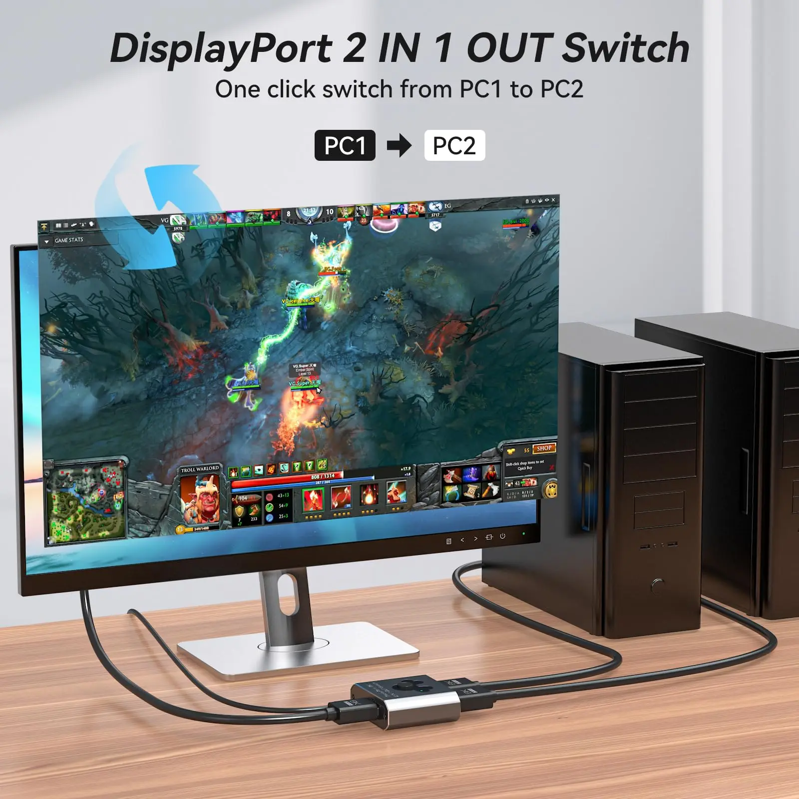 Displayport Switch 2 in 1 Out ,8K@60Hz 4K144Hz DP Switch Displayport Switcher DP 1.4 Switcher Compatible with TVs Monitos Laptop