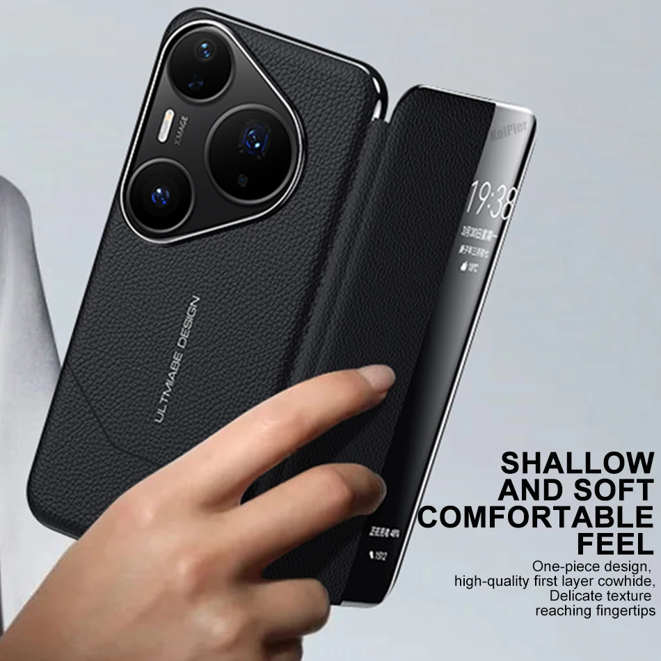 Luxury Genuine Leather Flip Cover For Huawei PURA 70 80 PRO Case Original plating Magnetic Smart Touch View Wake Sleep Up Cover