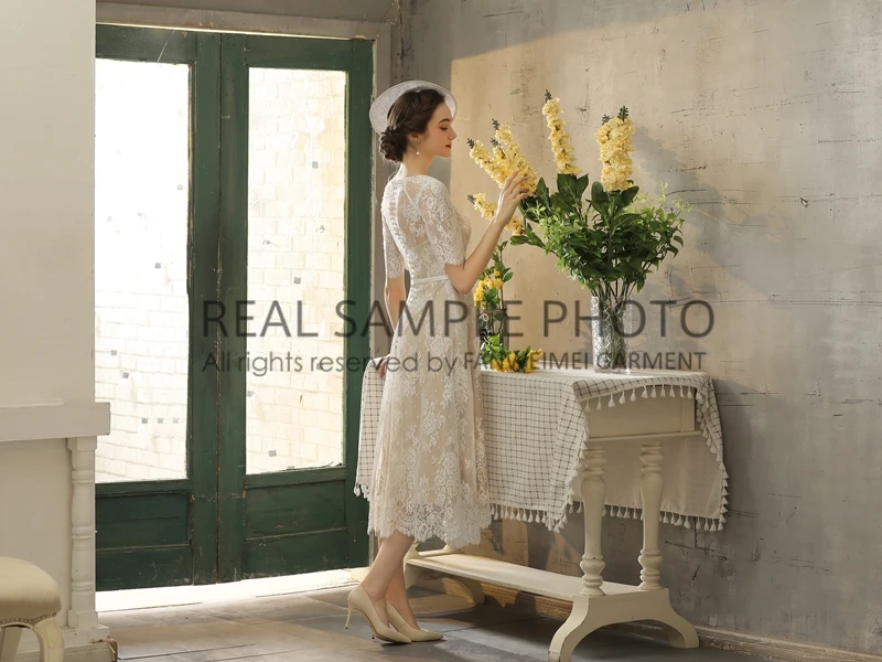 Real Photo Lace Vintage Champagne Tea Length Bridal Gown Wedding Dress Factory Price