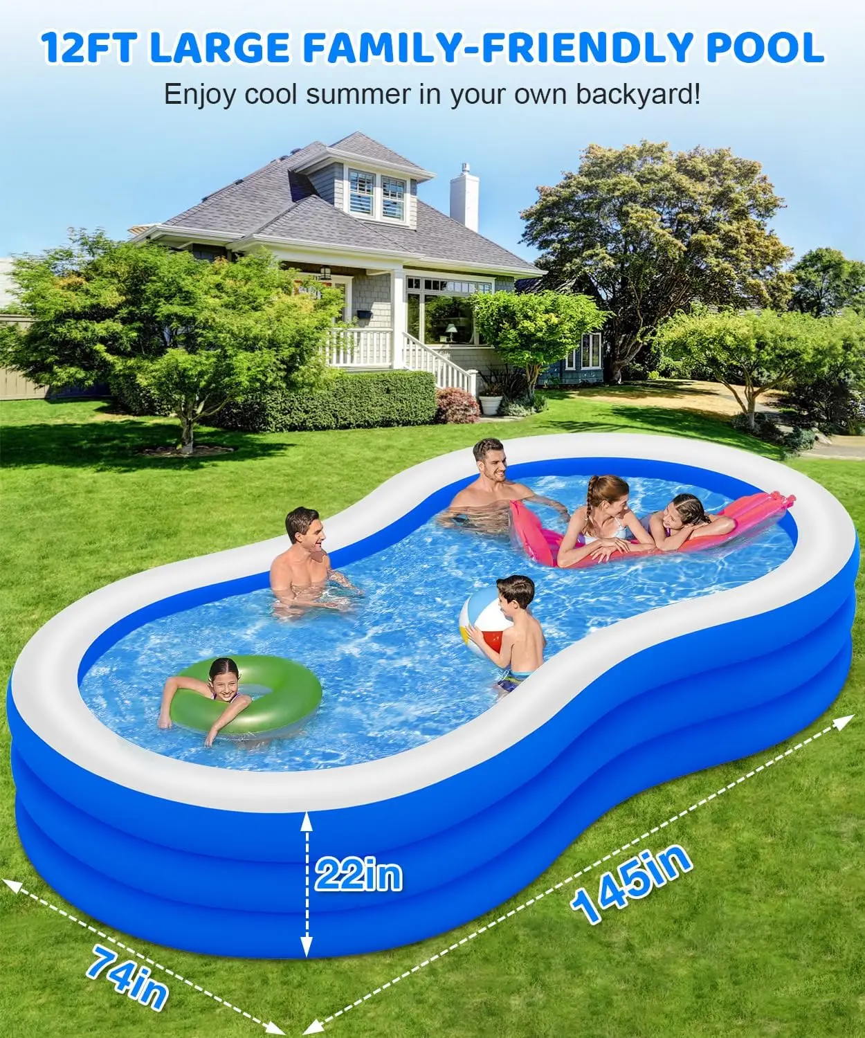 

Inflatable Swimming Pool for Adults - 145" X 74" X 22" Oversized Thickened Kiddie Pool, Large Blow Up Pool for Backyard, Family