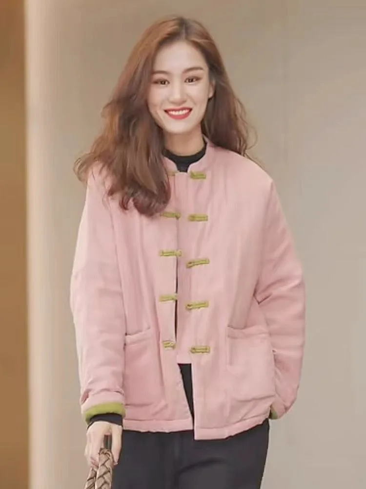 

Elegant Pink Cotton Jacket Women's Winter Warm Coat Stylish Unique Traditional Chinese Tang Costume Design Thickened Long Sleeve