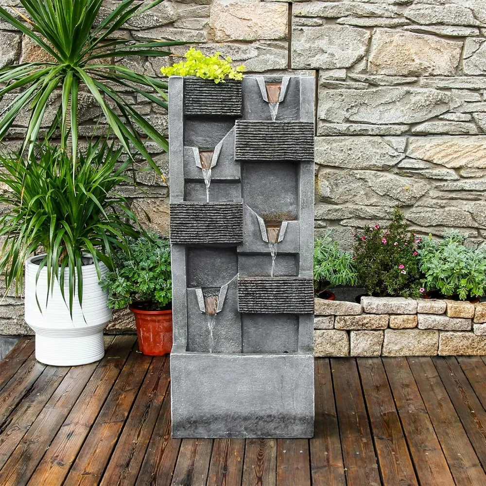 

39.96''H Garden Water Fountains Outdoor 5 Tiers Rock Indoor Waterfall Fountain Modern Floor Standing Water Feature Wall with LED