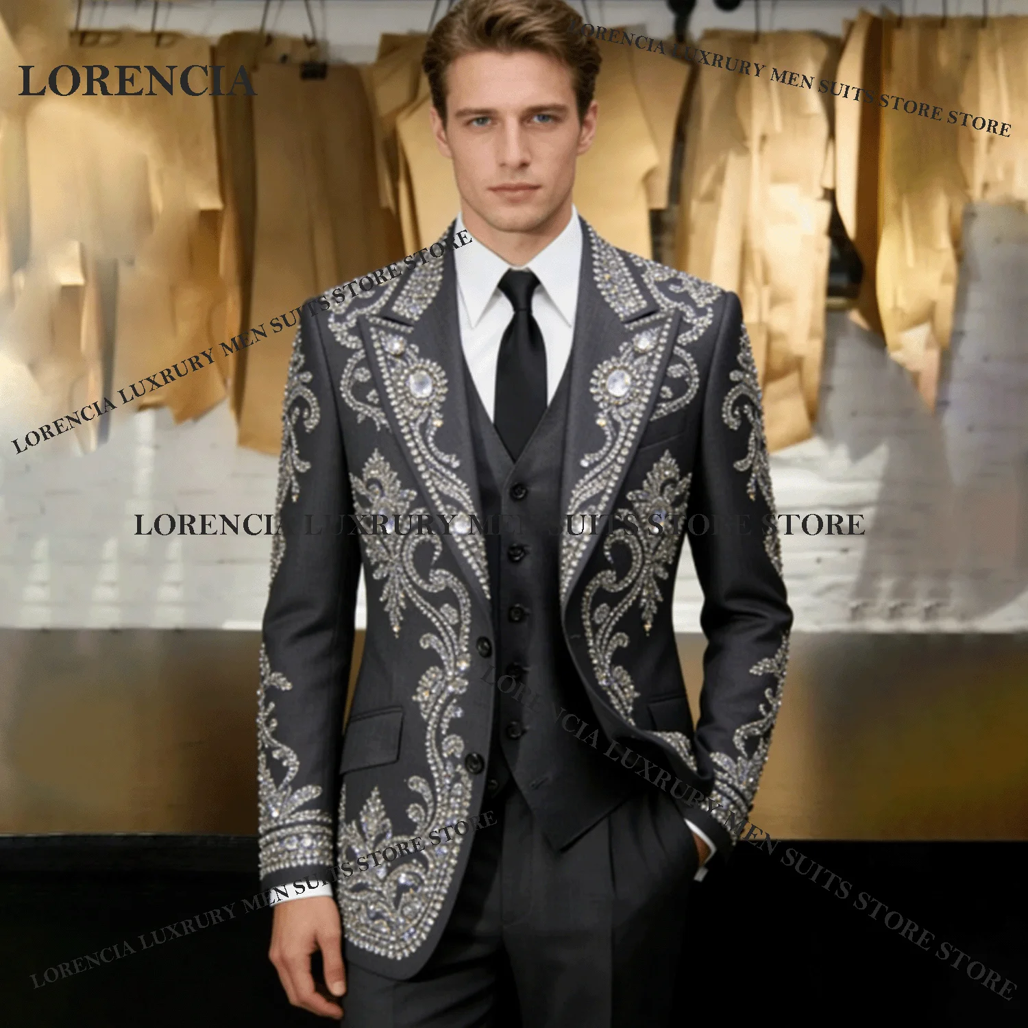 

Fashion Embroidery Sequin Men Suit Customized Rhinestone Wedding Ropa Blazer 3 Pieces Set Male Prom Blazer Luxury Groom Tuxedos