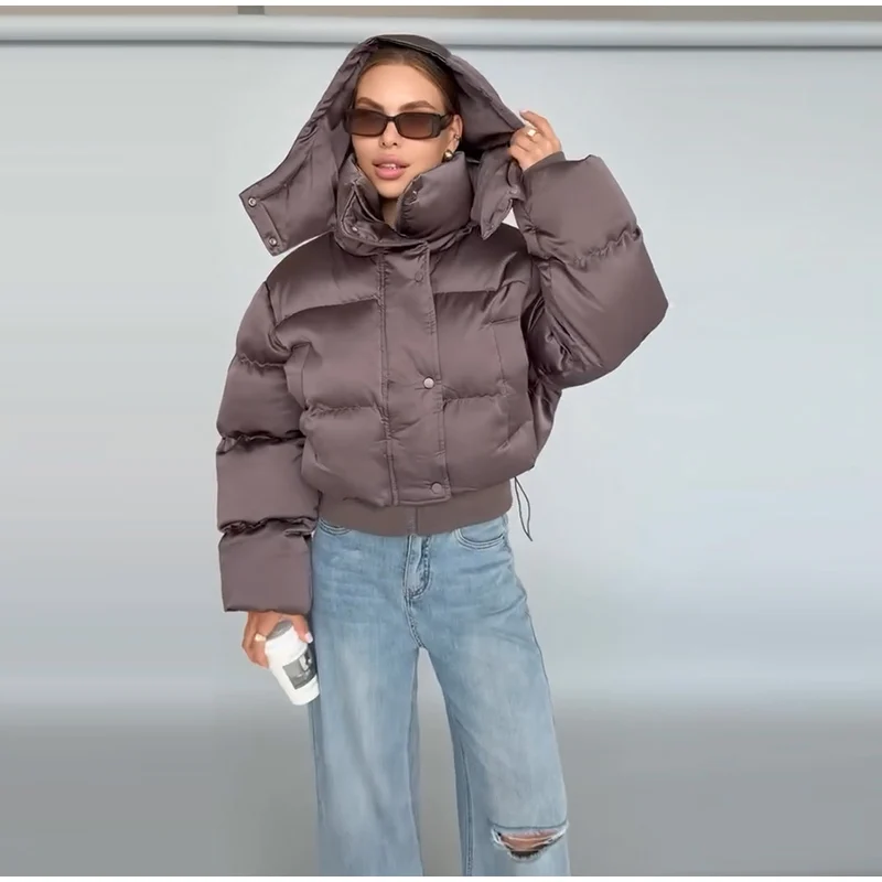  Fashion Solid Cropped Padded Coats Women Detachable Hood Zip Drawstring Hem Warm Jacket 2026 Winter New Lady Casual Outerwear