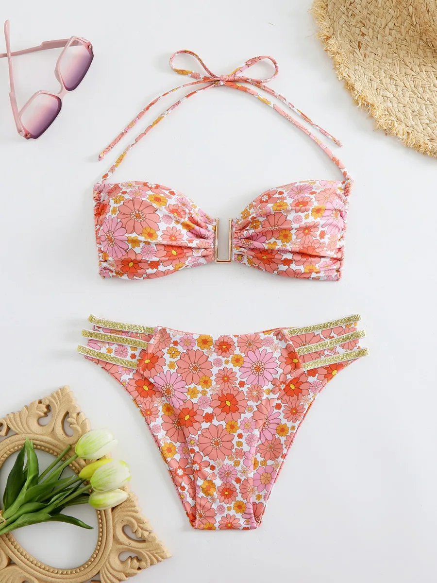 

2 Pieces Swimsuit Women's Floral Print U-neck Suspender Halter Backless Bikini Set Beach Vacation Bandage Swimwear 2025 New