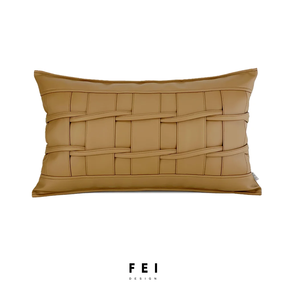 

Brown leather minimalist waist pillow, modern light luxury model room, high-end villa soft decoration pillowcase customization