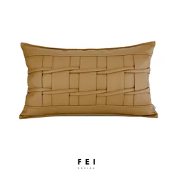 Brown leather minimalist waist pillow, modern light luxury model room, high-end villa soft decoration pillowcase customization