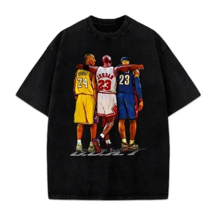 Illustrated Kobe Michael Bron Three Basketball GOAT Tribute Graphic T-Shirt Crewneck Cotton
