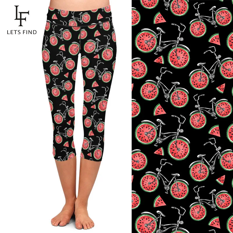 Summer New Design Bicycle with Watermelon Wheels Printing Capri Leggings High Waist Fitness Mid-Calf Women Leggings