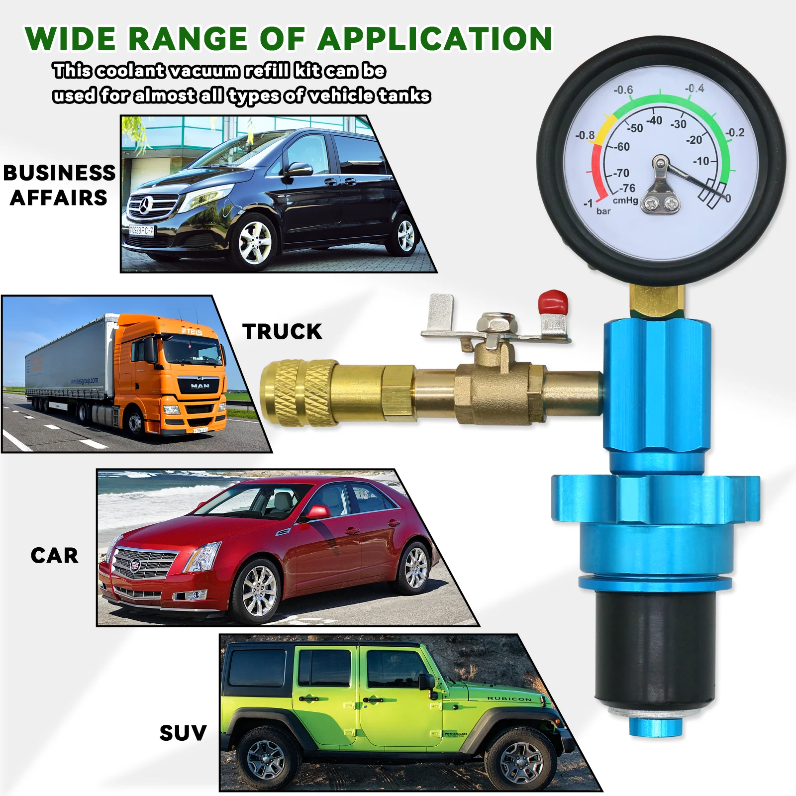 Vacuum replenishment kit for coolant system, car engine antifreeze replacement tool, filling vacuum pump with coolant