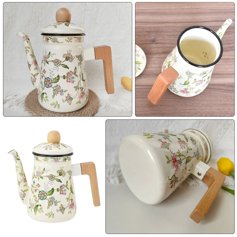 Enameled Teapot High Temperature Resistant Home Kettle Coffee Office Camping Desktop Tea Pot Wooden H Sturdy Solid view 3