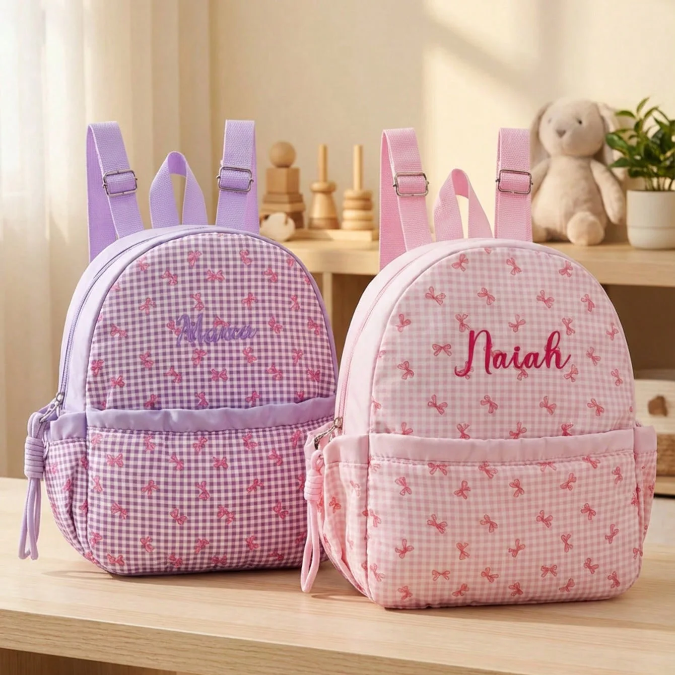 맞춤 이름-문자 자수 귀여운 리본 프린트 백팩 |   다용도 여행 및 학교 가방 어린이 및 청소년용