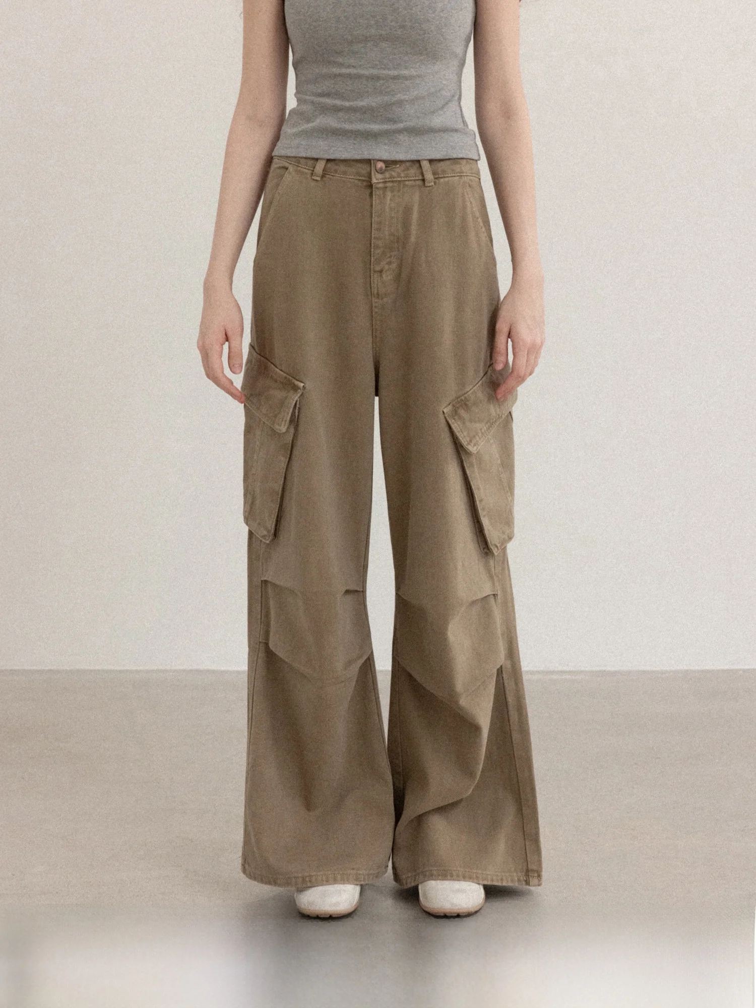 

High Waist Wide Leg Workwear Jeans Women's Spring Season Khaki Color Casual Style Cotton Material Breathable Comfortable Fit