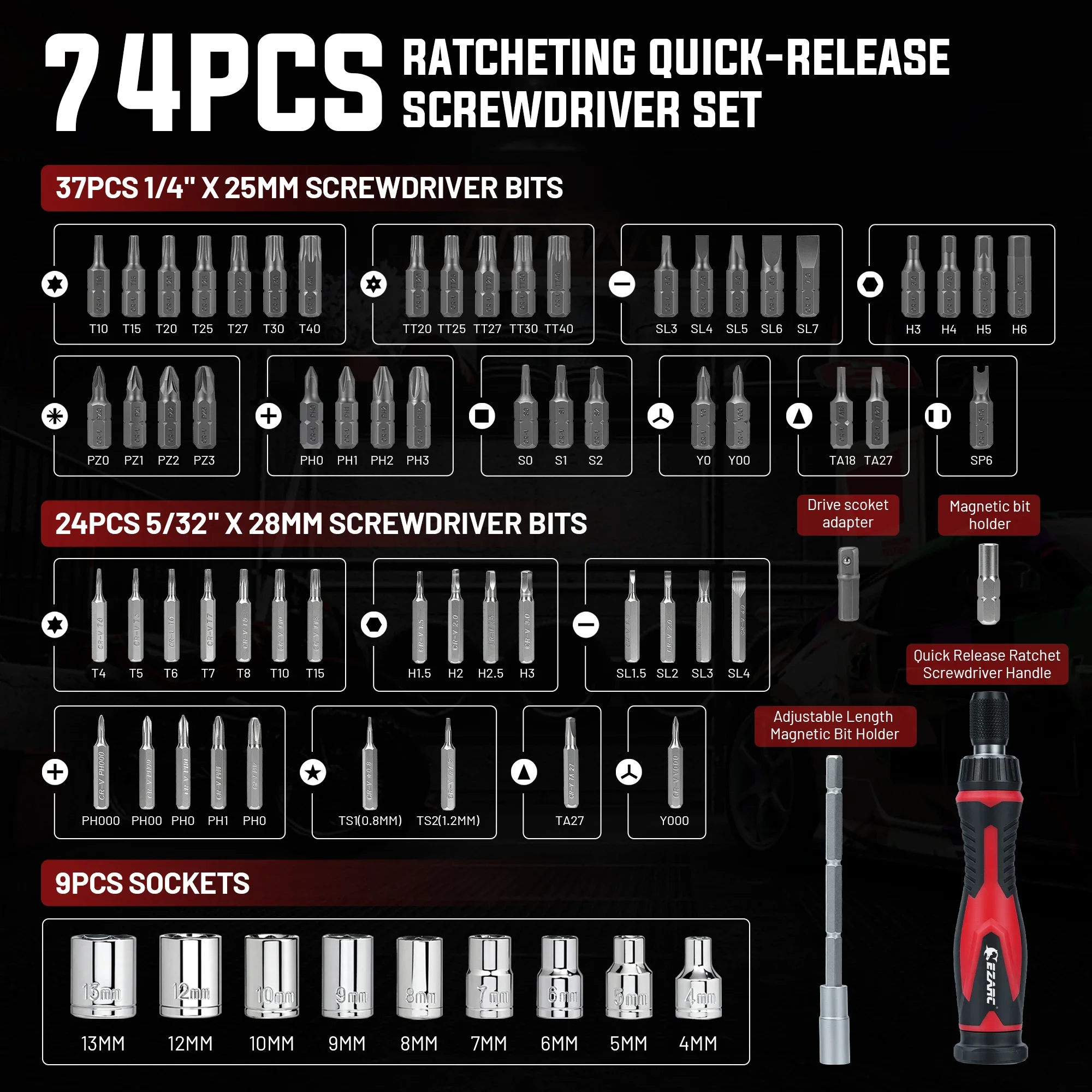 EZARC 74-Piece Screwdriver Bit Socket Set, Quick-Release Ratchet Handle, Repair Tools for Camera, Smartphone, Home Maintenance