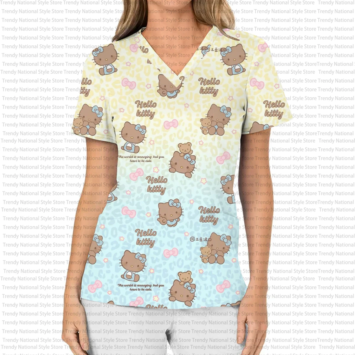 헬로키티 프린트 여성용 우아한 의료용 수술복 트렌디한 V넥 치과 간호복