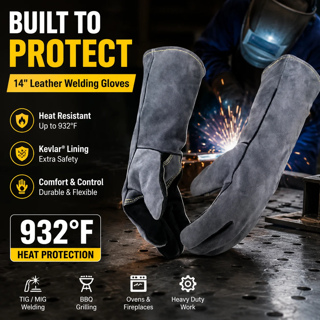 Leather Welding Gloves for TIG MIG BBQ Grill Oven, 14-Inch Heat Resistant Work Gloves with Kevlar Lining, 932°F Protection