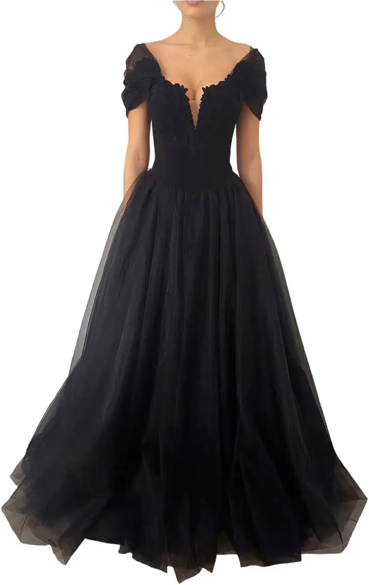 Vestidos de casamento pretos para noiva gótico tule vestido de noiva linha a renda apliques vestido de casamento