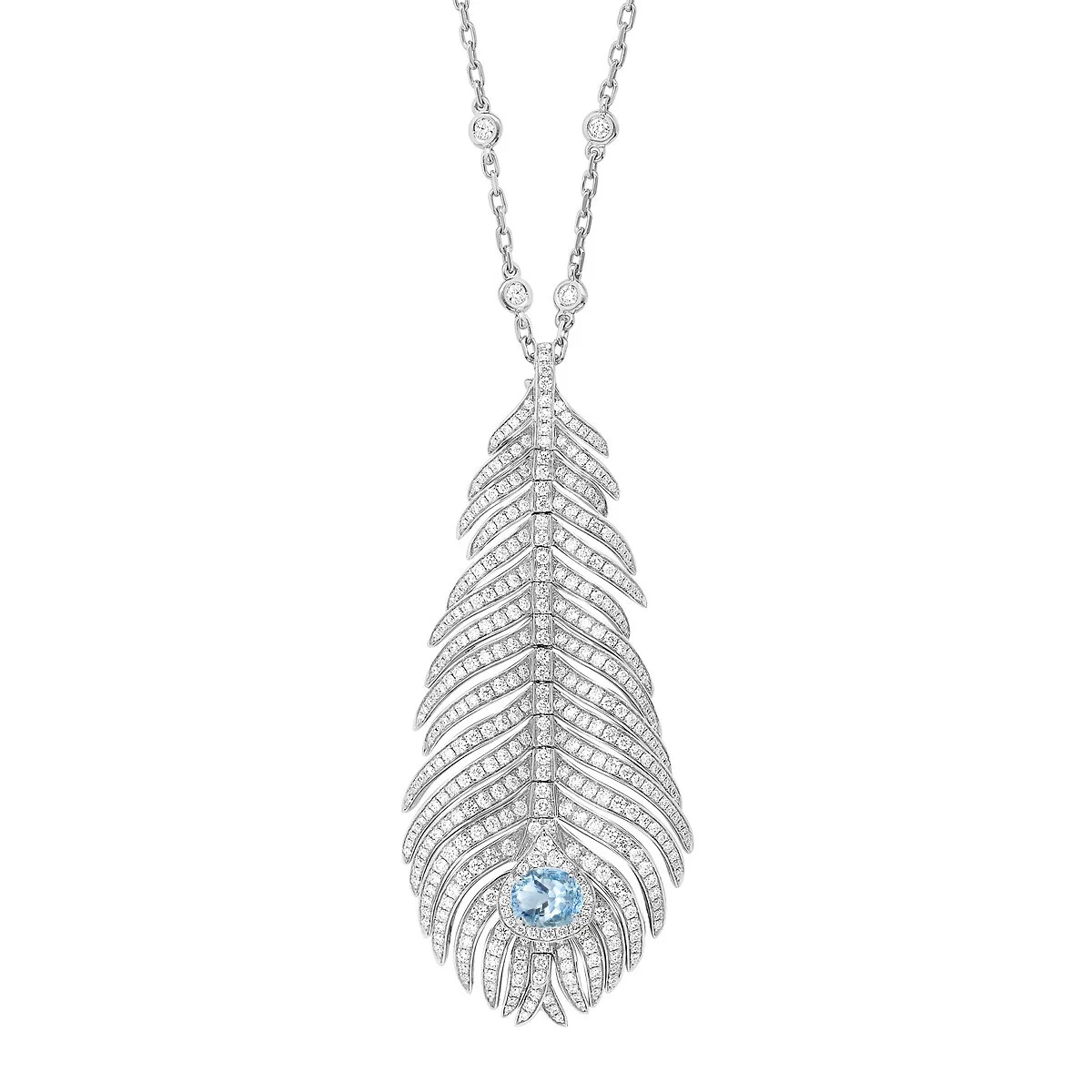 Elegant Layered Feather Pendant Necklace 925 Sterling Silver Artificial Aquamarine Fine Jewelry for Women's Birthday Party Gifts