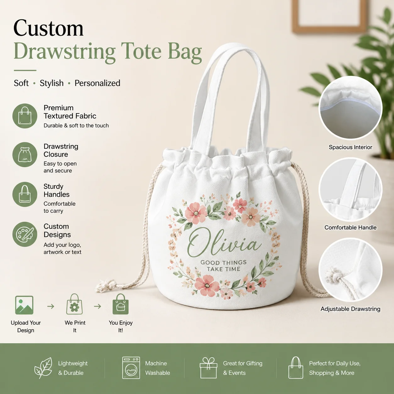 Custom Photo Bucket Tote Bag Personalized Drawstring Purse Gift for Women Girls Daily Travel Handbag