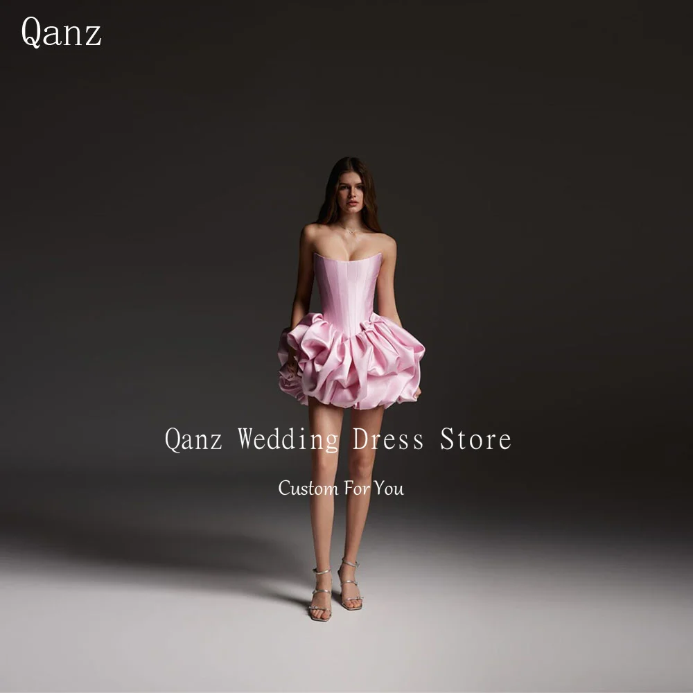 

Qanz Pink Satin Mini Prom Dresses Sexy Backless Birthday Dress For Woman Short A Line Puffy Vestidos De Graduación Customized