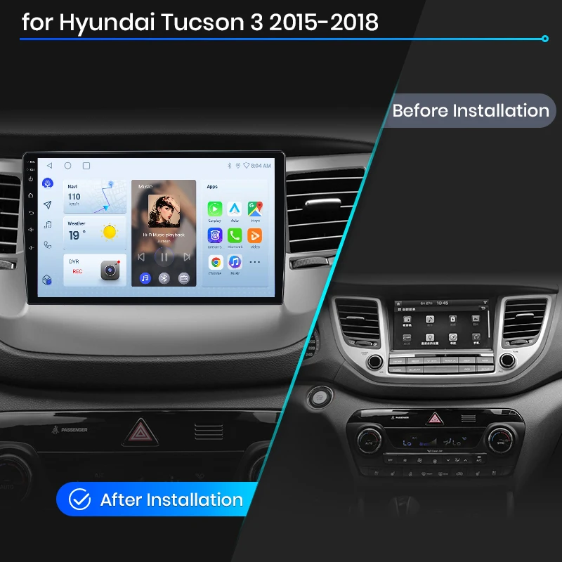 Radio para Auto Junsun con CarPlay Inalámbrico y Android Auto para Hyundai Tucson Mk3 (TL) 2015-2020, Ventilador de Enfriamiento Integrado, Navegación GPS Android, Reproductor Multimedia, WiFi, DSP, RDS, BT, SWC, Pantalla Táctil IPS, Autoradio, Reproductor de Video, Unidad Principal Estéreo 2
