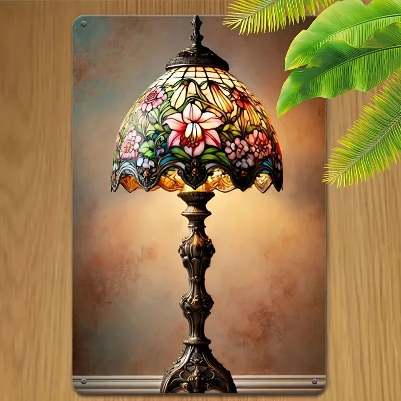 Vintage Tiffany Blumen-Tischlampe Metallplakette Retro Buntglas-Lampe Kunst Heim Innenraum Wanddekoration – Detail 3